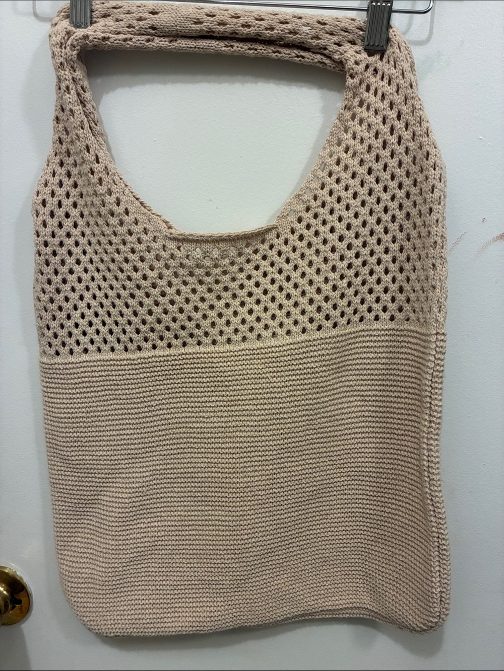 Casual Crochet Tote Bag in Beige - Coastal Neutral Preppy